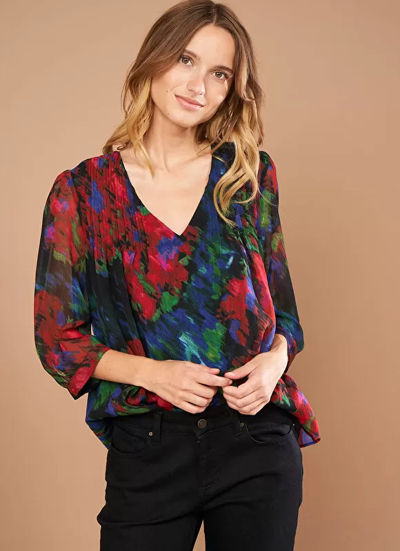 Store Sud Express Blouse Imprime Encolure V Noir Tazzura
