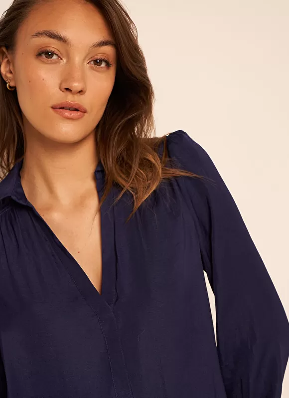 Discount Sud Express Blouse Satine A Col Tunisien Bleu Teddy