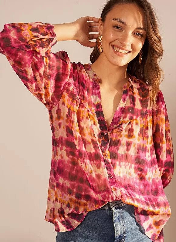 Best Sale Sud Express Chemise Imprime A Col Tunisien Et Manche... Framboise Calanque