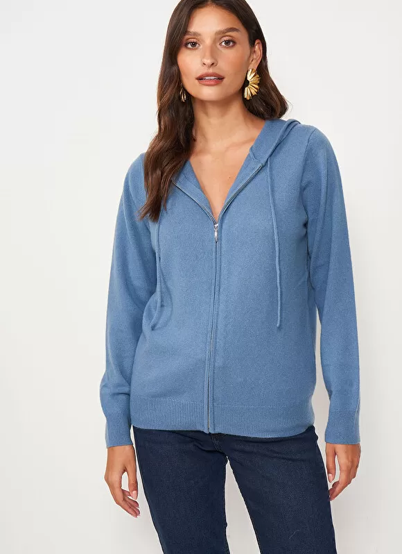 Clearance Sud Express Gilet A Capuche Zippe 100% Cachemire Denim Garenk