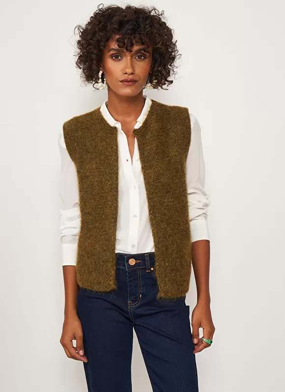 Best Sud Express Gilet Court Et Ouvert, En Mohair Et Alpaga Kaki Gotanax