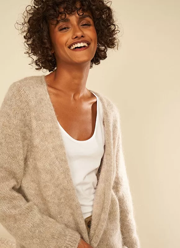 Hot Sud Express Gilet Ouvert Mi-Long Avec Poches Ecru Chine Grangey