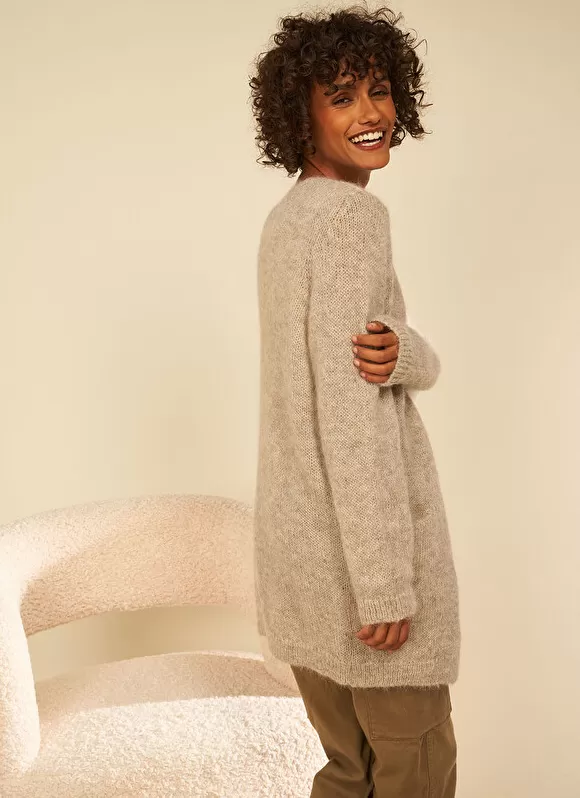 Hot Sud Express Gilet Ouvert Mi-Long Avec Poches Ecru Chine Grangey