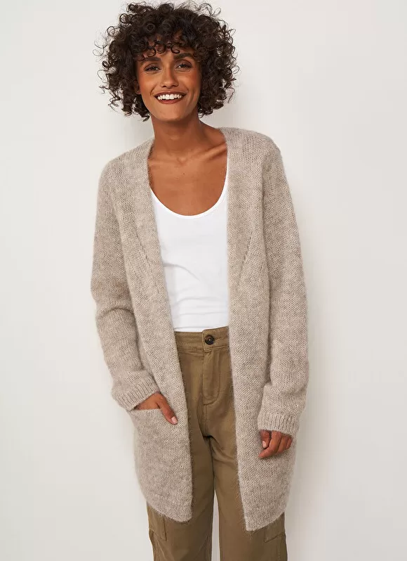 Hot Sud Express Gilet Ouvert Mi-Long Avec Poches Ecru Chine Grangey