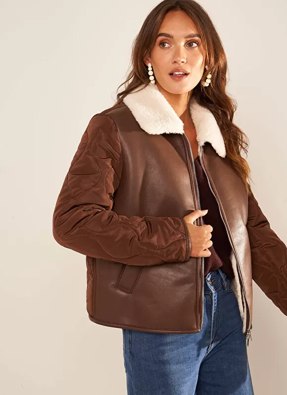Fashion Sud Express Manteau Court Bi Matiere Chocolat Maeleen
