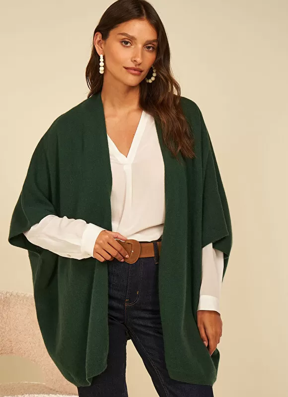 Outlet Sud Express Poncho Long Et Ouvert Pur Cachemire Basilic Gwenaelle