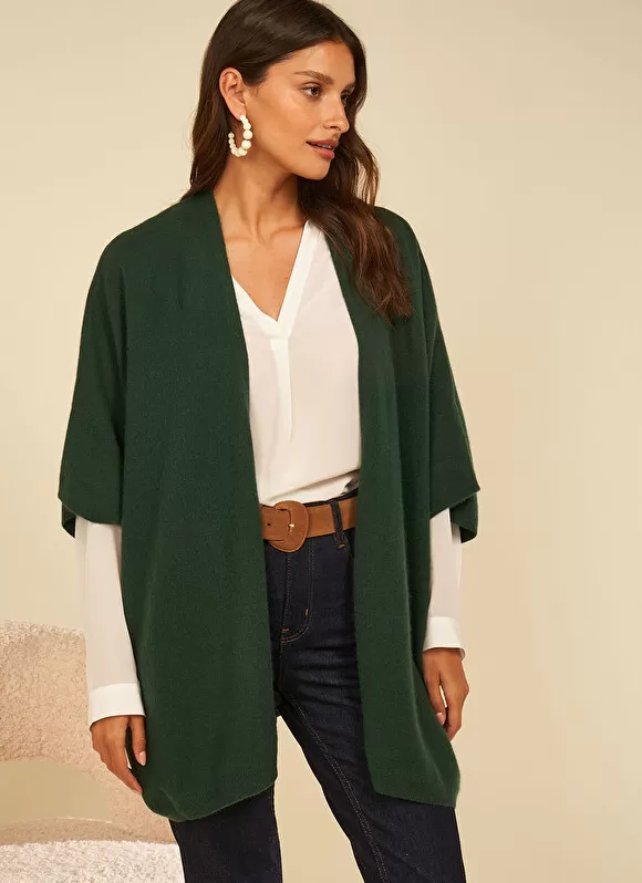 Outlet Sud Express Poncho Long Et Ouvert Pur Cachemire Basilic Gwenaelle