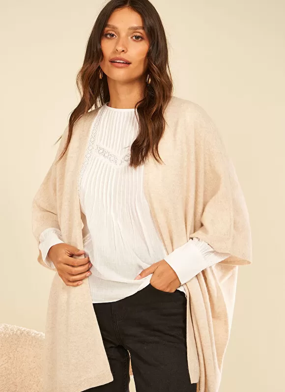 Outlet Sud Express Poncho Long Et Ouvert Pur Cachemire Beige Chine Gwenaelle