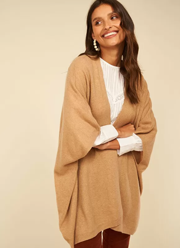 Store Sud Express Poncho Long Et Ouvert Pur Cachemire Camel Gwenaelle
