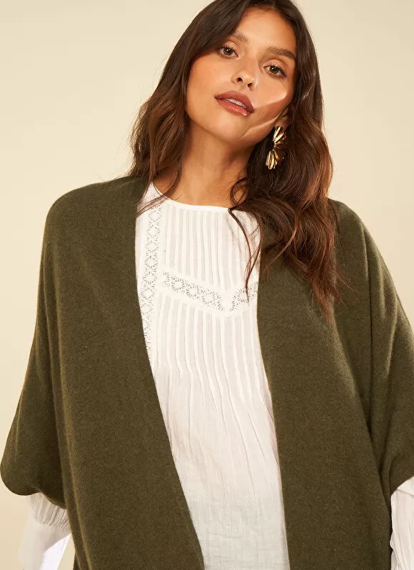 Store Sud Express Poncho Long Et Ouvert Pur Cachemire Kaki Gwenaelle