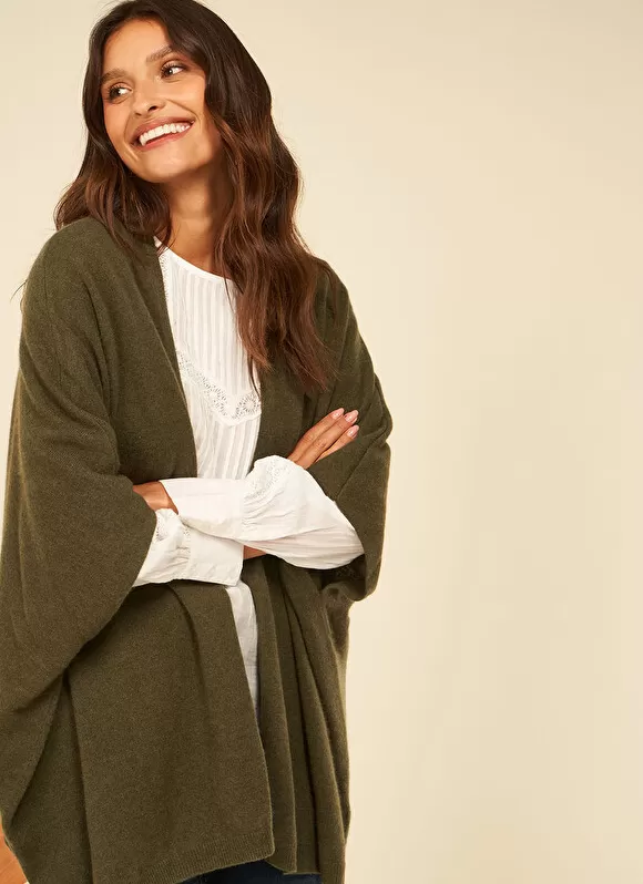 Store Sud Express Poncho Long Et Ouvert Pur Cachemire Kaki Gwenaelle