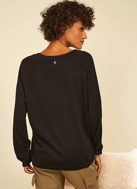 Hot Sud Express Pull A Col V Au Tricotage Jersey Noir Madeleina