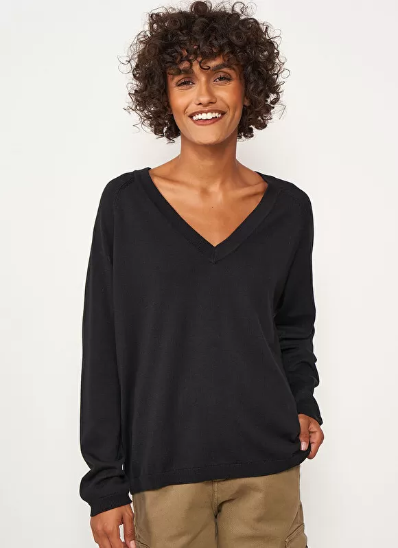 Hot Sud Express Pull A Col V Au Tricotage Jersey Noir Madeleina