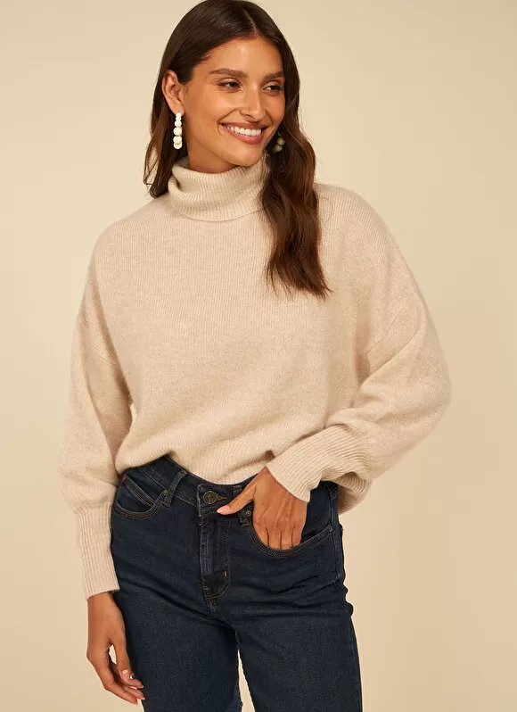 Discount Sud Express Pull Col Montant, 100% Cachemire Beige Chine Monpran