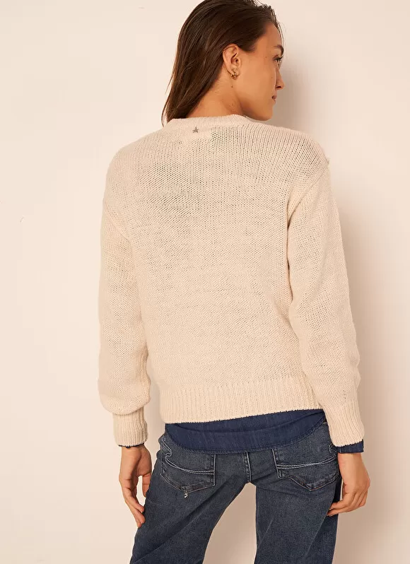 Shop Sud Express Pull Col Rond A Broderies Florales Ecru Marguerite