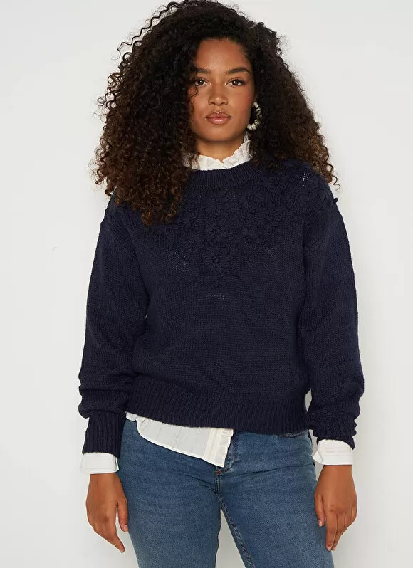 Store Sud Express Pull Col Rond A Broderies Florales Marine Marguerite