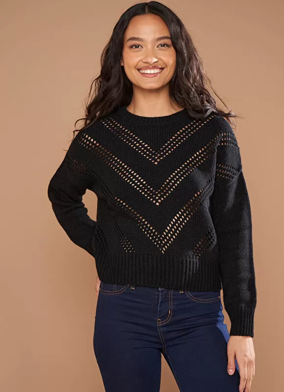 Sale Sud Express Pull Col Rond Details Ajoures Noir Maribelle