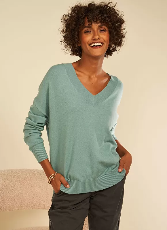 Online Sud Express Pull Col V A Maille Douce Celadon Marseillan