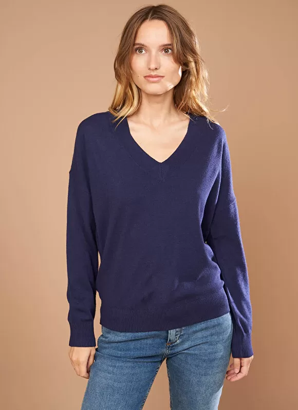 Flash Sale Sud Express Pull Col V A Maille Douce Marine Marseillan