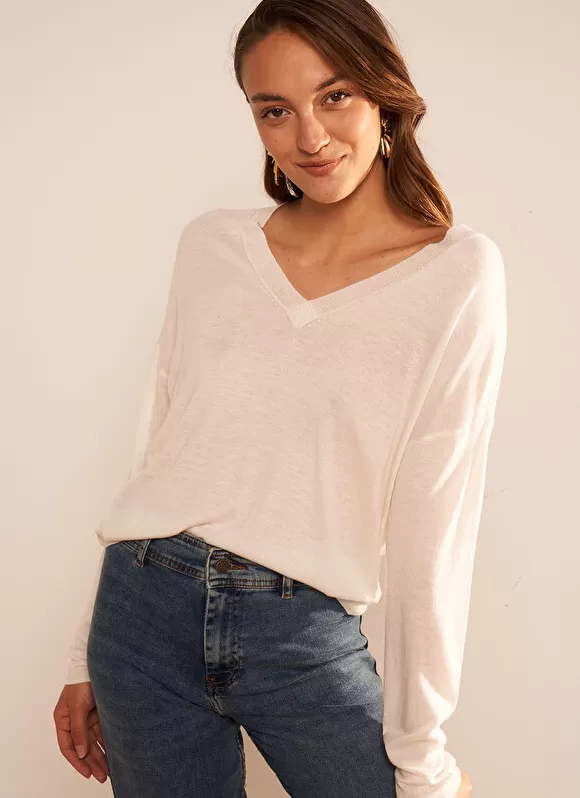 Cheap Sud Express Pull Col V A Manches Longues Ecru Madia