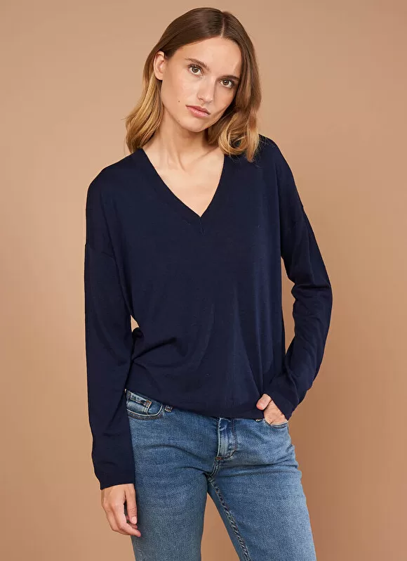 Outlet Sud Express Pull Col V A Manches Longues Marine Madia