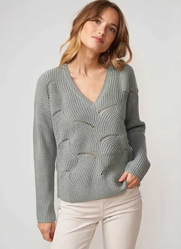 New Sud Express Pull Col V Au Tricotage Ajoure Amande Matido
