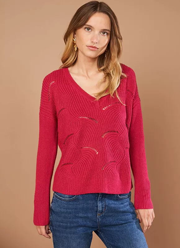 Shop Sud Express Pull Col V Au Tricotage Ajoure Framboise Matido