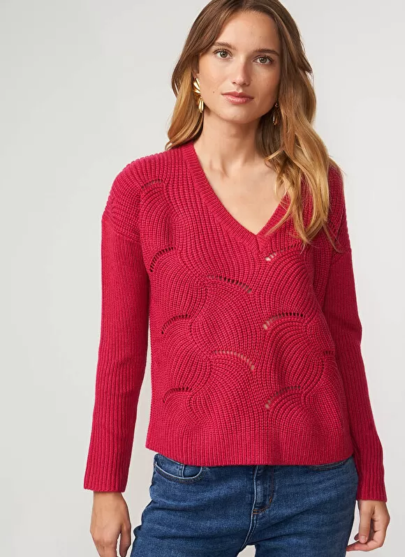 Shop Sud Express Pull Col V Au Tricotage Ajoure Framboise Matido