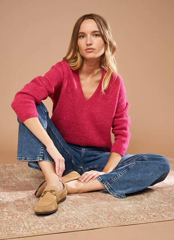 Hot Sud Express Pull Col V En Mohair Framboise Mannakay