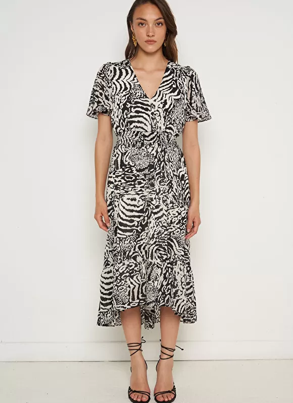 New Sud Express Robe Longue Imprimee A Manches Courtes Volantees Noir Resina