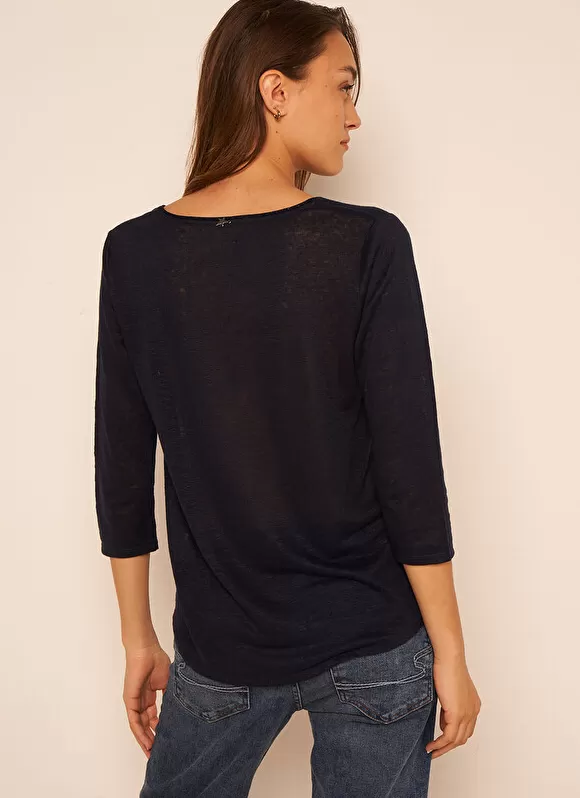 Hot Sud Express T-Shirt En Lin A Manches 3/4 Et Col V Marine Tomeoh