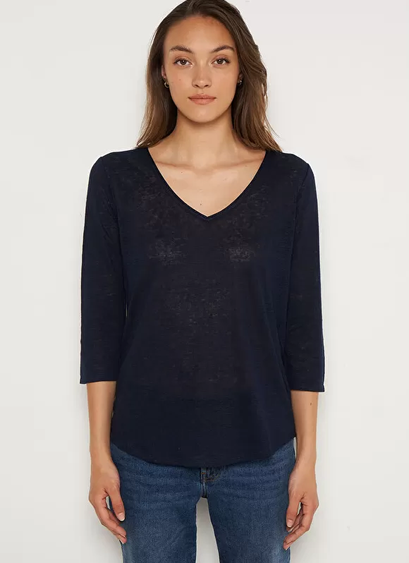 Hot Sud Express T-Shirt En Lin A Manches 3/4 Et Col V Marine Tomeoh