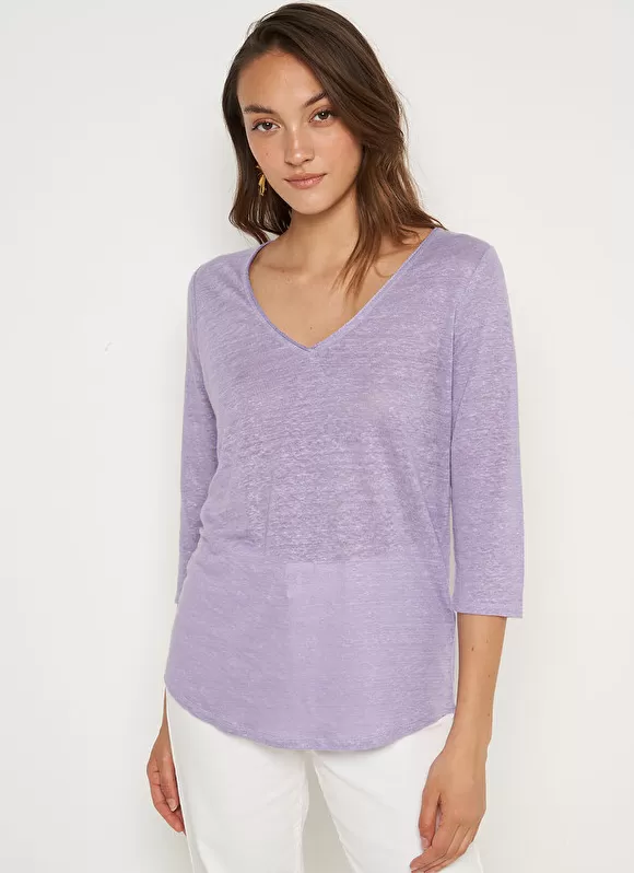 Fashion Sud Express T-Shirt En Lin A Manches 3/4 Et Col V Parme Tomeoh