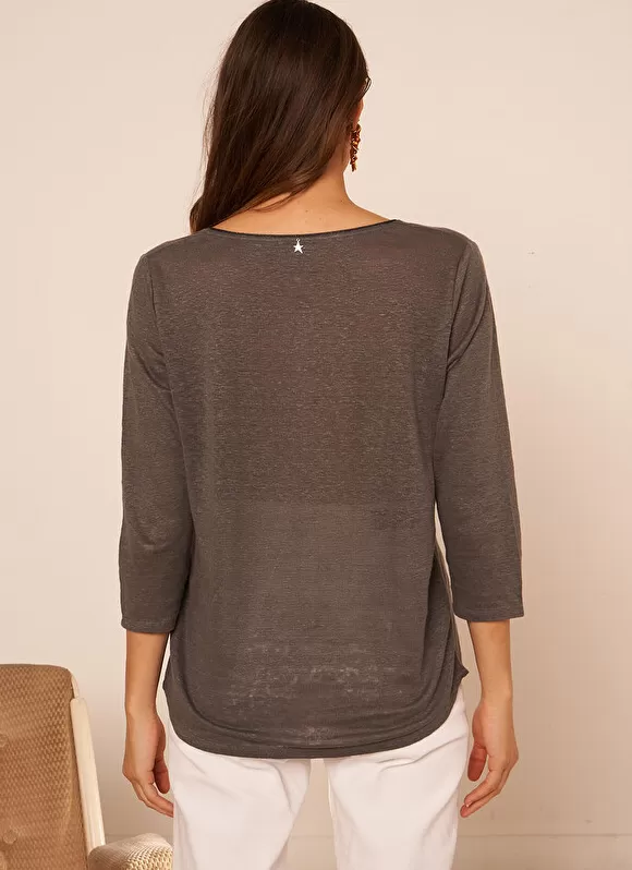 Outlet Sud Express T-Shirt En Lin A Manches 3/4 Et Col V Plomb Tomeoh