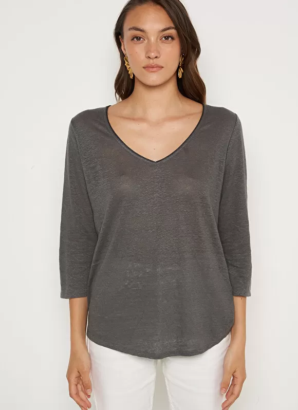 Outlet Sud Express T-Shirt En Lin A Manches 3/4 Et Col V Plomb Tomeoh